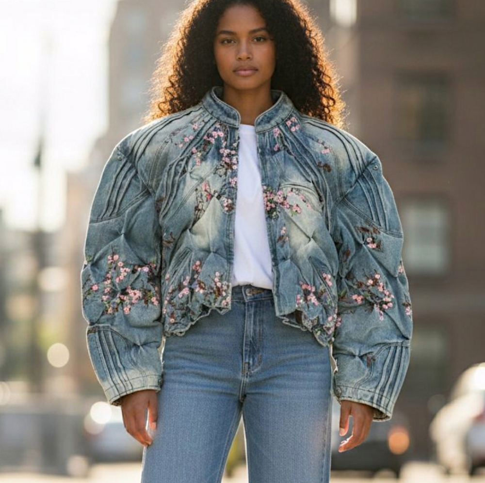 CHERRY BLOSSOM DENIM RACER JACKET BY BAD SON Medium UNISEX OVERSIZED COAT